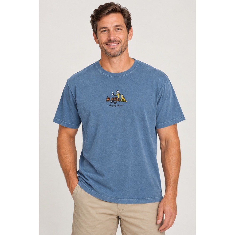 Life is Good T-Shirt Mens L Blue Happy Hour Campfire Dog Graphic Tee